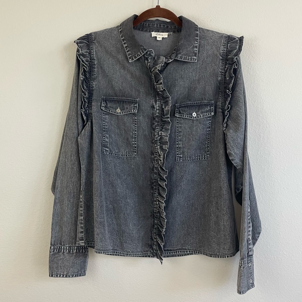 Elan Black Ruffle Long Sleeve Chambray Button Up Shirt Size M Western-Boho